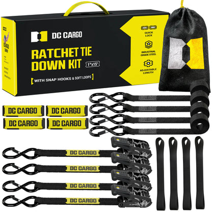 Ratchet Tie-Down Kit 1 inch x 15 ft strap and soft loops